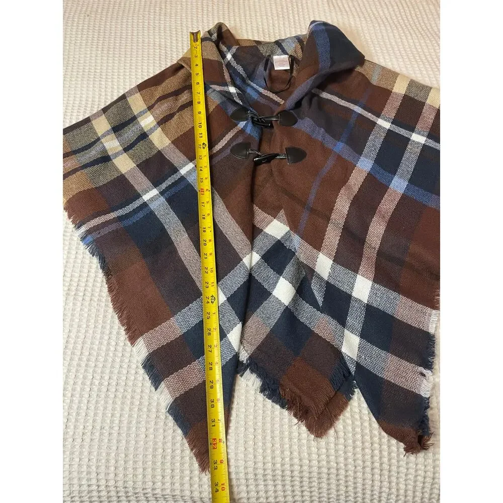 Plaid Cozy Brown & Blue Frog Loop Open Front Poncho Shawl One Size